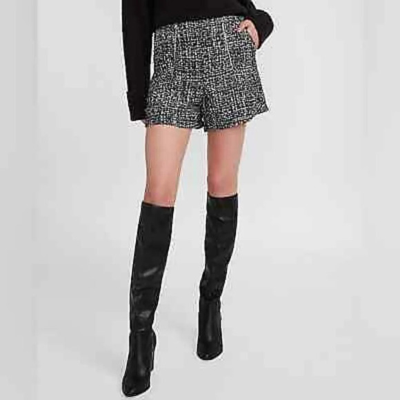 Express women's high waist tweed shorts 6 black silver white new without… - Picture 1 of 6